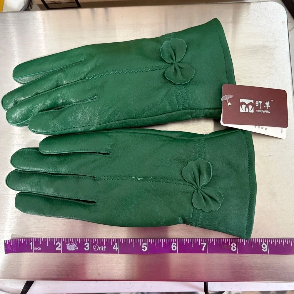 Tingyang Womens Leather Gloves Bow Accent Faux Fur Lined Pink Green‎ Set of 2